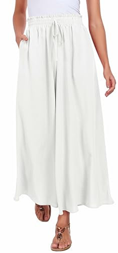 WUWUSKY Sommerhose Damen Leicht Lässige Palazzo Hose Elegant High Waist Baggy Freizeithose mit 2 Taschen,Weiß,M