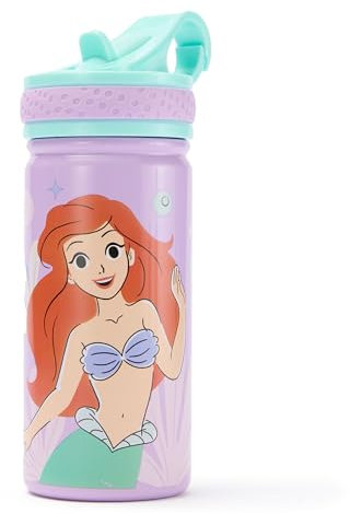 Disney Store Official The Little Mermaid Water Bottle, 458ml, Stainless Steel Bottle for Kids, with Flip-top Straw and Screw Top Lid