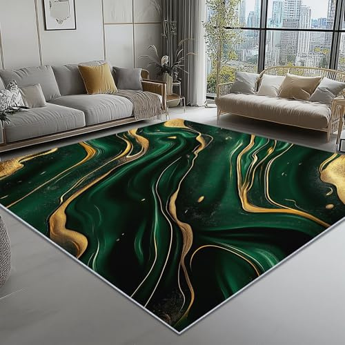 Teppich Luxus Textur Modern Weich Für Wohnzimmer, Schlafzimmer, Büro Und Kinderzimmer, Kurzflor Mit Rutschhemmender Unterseite, Pflegeleicht 120 X 170Cm Grün Gold