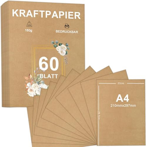 60 Blatt Kraftpapier A4 Set - 180 g - 21 x 29,7 cm - DIN Format - Bastelpapier & Naturkarton Pappe Blätter aus Kraftkarton zum Drucken, Kartonpapier Basteln für Vintage Hochzeit Geschenke Etiketten
