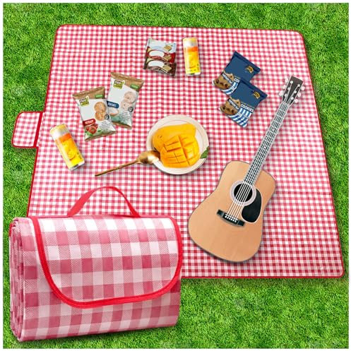 Primasage Manta Picnic Impermeable 200 * 200cm, Plegable Picnic Blanket, Grande Esterilla Playa con Asa para Hacer Senderismo, Viajar, IR De Acampada, A Parques(Cheque Rojo)