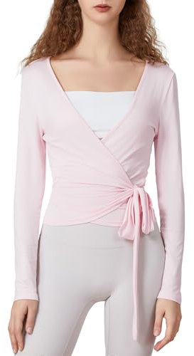 LYSINK Women’s Cross Wrap Tie Tops Long Sleeve Deep V Neck Solid Color Slim Fit T-Shirts Yoga Pilates Ballet Workout Tops (Ba Pink, S)