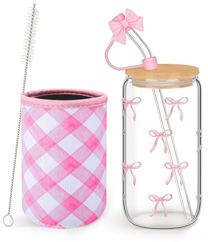Mrltau 16 Oz Rosa Schleife Deko Vetro con Coperchio e Cannuccia e Manicotto per Bicchiere, Tazza caffè Freddo Estetica Clean Girl, Bicchieri Estetici Regalo per Donne, Must Have Estivi per Ragazze