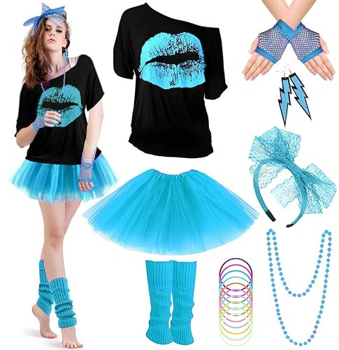 panemy Deguisement Annee 80 Femme, Tenue Des Années 80 et 90 pour Femme, t-Shirt, Tutu, Serre-Tête, Boucles d'Oreilles, Gants Résille, Jambières, Colliers, Deguisement Femme Annee 80 (Bleu, XL)