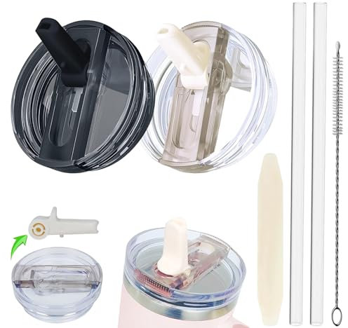 2 Pack 30 OZ Lid Updated Version Leakproof Detachable Compatible with Stanley Cup 30 OZ with Straw and Lid Reusable Straw Cover Fit for Stanley Accessories Flip Straw (Black + Cream)