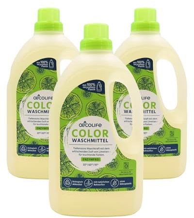 oecolife Colorwaschmittel, Limettenduft, enzymfrei, 3 x 1,5 Liter Flasche, Flüssigwaschmittel Color, kraftvolle Fleckenentfernung, 60 Waschladungen, biologisch abbaubar