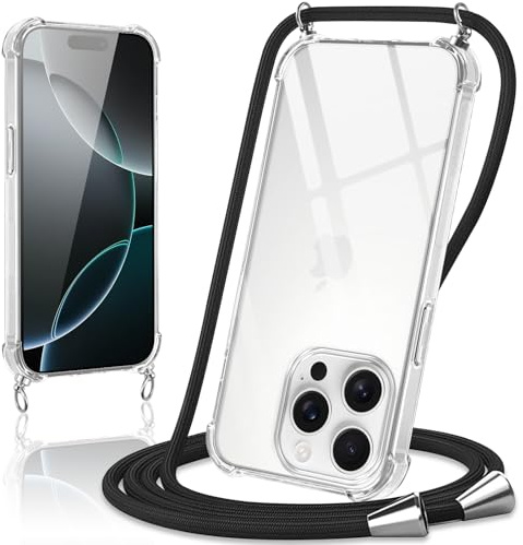 Coiwxmoi Coque avec Cordon pour iPhone 16 Pro, Collier Réglable Téléphone Étui Portable Lanyard Case Transparent Ultra Souple Silicone Housse Antichoc Protection Cover pour iPhone 16 Pro 6,3, Noir