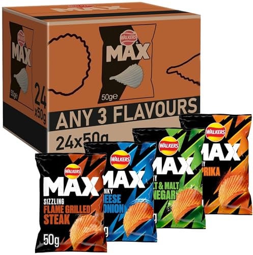 Walkers Max Snacks Crisps Custom, Choose Any 3 Flavours, Receive 8 Bags of Each, 24 x 50g Packs