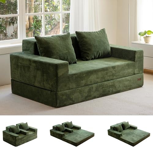 MAXYOYO Schlafsofa, Cord-Bodencouch, Klappsofa mit Getränkehalter und Dekokissen, Bequemes Kompressionssofa für Wohnzimmer, Schlafzimmer, Gästezimmer