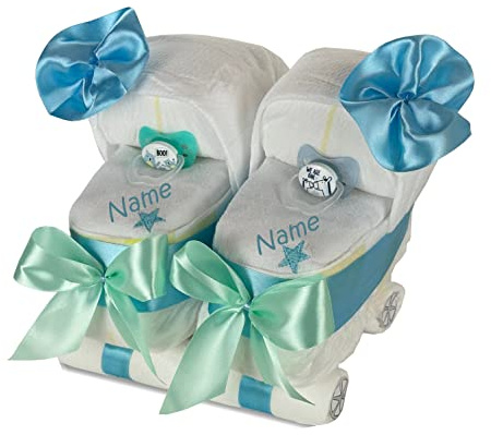 Windeltorte Zwillingswagen blau - Geschenk für Zwillingsbrüder - Windeltorte Kinderwagen für Zwillinge Jungen | Geschenk zur Geburt, Babyparty & Babyshower