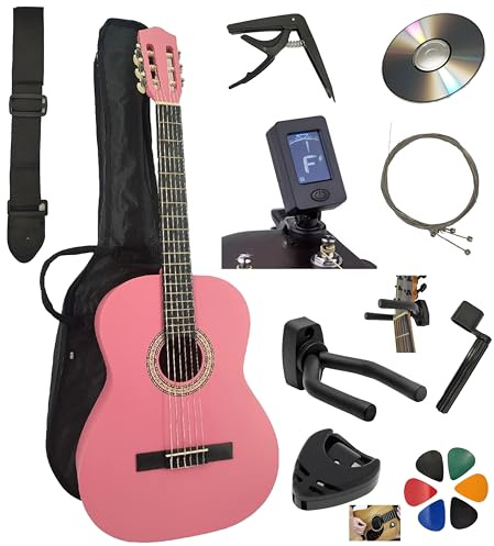 AMBRE Pack Guitare Classique 3/4 pour Gaucher (Enfant 8-12 ans) + 10 Accessoires (Housse, Support Mural, Accordeur, Sangle, Capodastre, Cordes, 6 Médiators) + Cours Vidéo & CD (Rose, 3/4, Gauche)