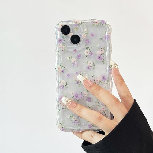 RALEAVO for iPhone 14 Flower Phone Case, Cute Wavy Floral Cover, Purple | For iPhone 14 Case for Girls Women Gift, Aesthetic Spring Curly Shockproof Protective Soft TPU Bumper Cover