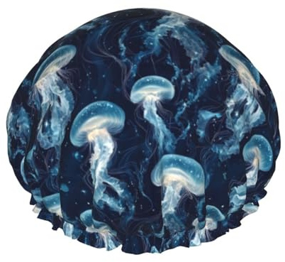 Large Shower Caps for Women Reusable - Fashion Comfy Navy Blue Jellyfish Print Double Layer Hair for Shower with Elastic Rope and Peva Lining