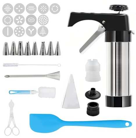 Tmefoy Gebäckpresse für Spritzgebäck Edelstahl, Gebäckpresse mit 13 Schablonen & 9 Tüllen, Plätzchenpresse & Keksbacken Gadgets, Backzubehör für Kuchen Dessert DIY