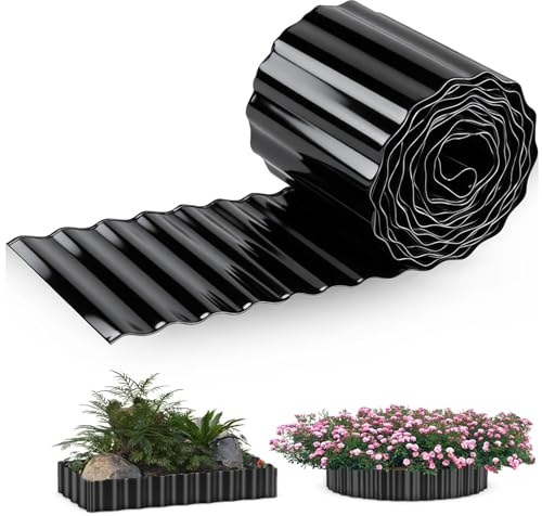 Metal Garden Edging Black 6m x 15cm, Flexible Galvanised Steel Lawn Edging Border, Powder-Coated Rust-Resistant Landscape Divider for Lawns, Flower Beds, Paths and Driveways - Rust