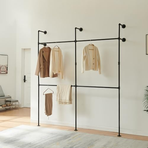 [en.casa] Kleiderstange Wandmontage Kenävatka Garderobenstange 222 x 201 x 31 cm Kleiderständer industrial Garderobenständer offener Kleiderschrank bis 100 kg Stahl Schwarz