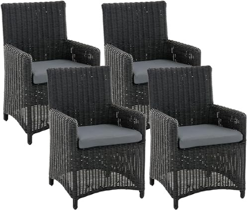 CLP Gartenstuhl 4er Set Fontana, Polyrattan Gartenstühle, Hochlehner mit Sitzkissen, Wetterfeste Garten-Sessel mit Armlehnen, Outdoor Stuhlset, Farbe:schwarz, Polsterfarbe:Eisengrau