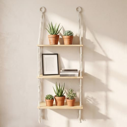 FTISSLY Étagère Murale en Bois à 3 Niveaux – 95 cm – Design Bohème avec Corde en Coton et Pompons – pour Plantes, Livres, Parfums, Épices – Gain de Place Petite Surface – Idée Cadeau Déco Maison