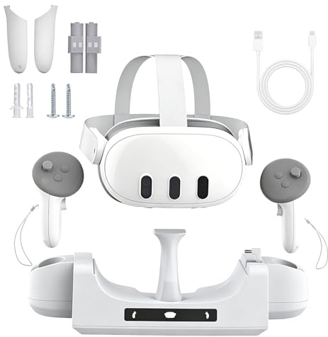 Charging Dock for Meta Quest 3/3S, Fast Charger with 2 Rechargeable Batteries, Wall-mounted/desktop Charging Dock Station for VR Headset Charger & Controller Holder with Tray and USB-C Power Hub