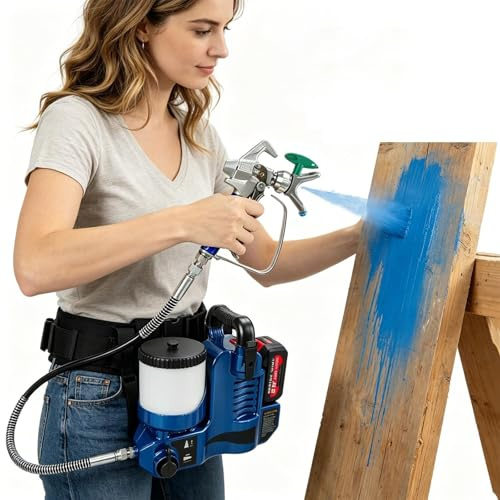 Kindevieft Pulverizador de Pintura Airless inalámbrico de 550 W, Pistola de Pintura eléctrica portátil, 6 velocidades, para Pinturas de látex, Uso Comercial y residencial. Blue-TwoBatteries