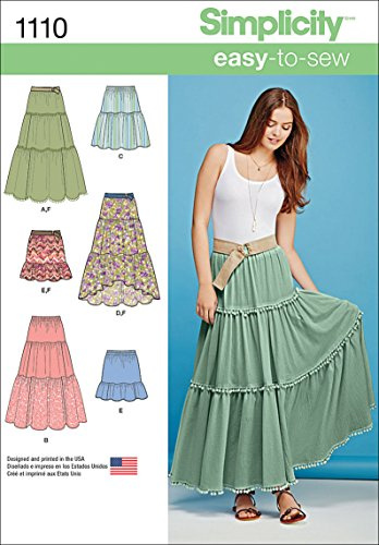 Simplicity Sewing Pattern 1110: Misses' Tiered Skirt with Length Variations, Size: A (XXS-XS-S-M-L-XL-XXL), Paper, White
