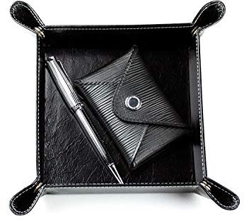 DELMON VARONE - Personalisierbarer Taschenleerer aus Premium Leder Anilin schwarz, Schlüsselschale ideal als Ablage für Schmuck, Kleingeld, Handy & Schlüssel, Echtleder Utensilienschale personalisiert