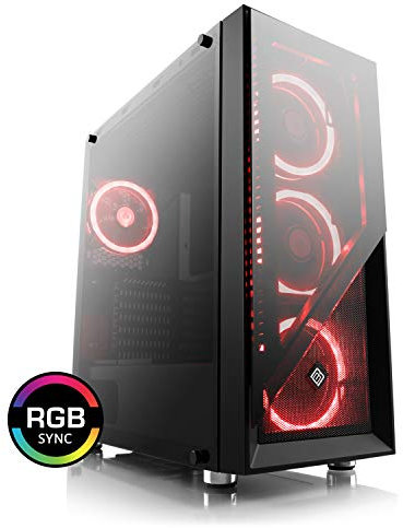Gaming PC-Gehäuse Argo - Midi-Tower, RGB Beleuchtung (inkl. Steuerung), Glas-Seitenteil, Glas-Front, vormontierte Lüfter, E-ATX, ATX, Micro-ATX, Mini-ITX, schwarz