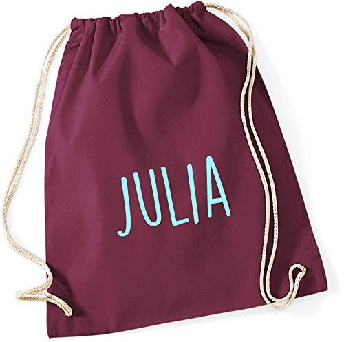 minimutz Personalisierter Turnbeutel mit Namensdruck zum Zuziehen | bedruckt mit Namen für Jungen & Mädchen | Zuziehbeutel Stoffbeutel in vielen Farben (burgund)