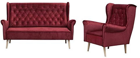 MOEBLO Polstergarnitur Ohrensofa 2 Sitzer und Sessel Sofa Couch Garnitur Stoff Samt (Velour) Glamour Wohnlandschaft Chesterfield - Velo (Burgund)