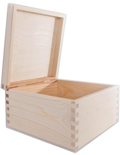 WooDeeDoo Square Wooden Storage Box with Hinged Lid – 20 x 20 x 13.5 cm – Unfinished Pine Chest for Crafts Letters Trinkets Stationery Jewellery Keepsakes DIY Gift Decoration
