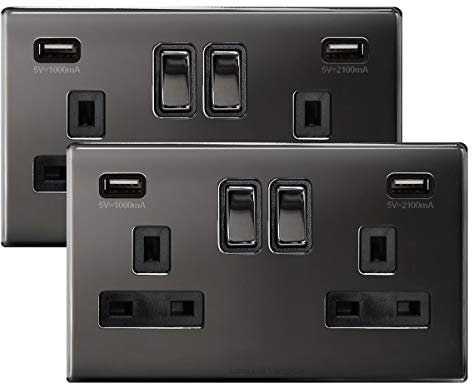 2 x Black Nickel USB Double Wall Plug Socket 2 Gang 13A with 2 USB Charger Port Outlets Socket Plate N776GME