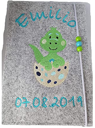 U-Hefthülle, UHefthülle, Dino, Dinosaurier, Ei mit Namen und Geburtsdatum bestickt Junge