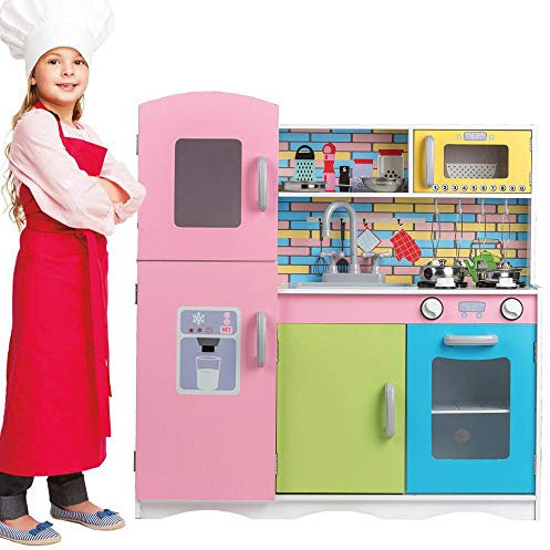 BAKAJI Cocina de Madera, Juguete para niños con frigorífico, Fregadero de plástico, 4 hornillos, Horno Desmontable, microondas, ollas, sartenes y Accesorios, Juego de Acero, tamaño 80 x 30 x 85 cm
