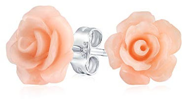 Orecchini A Bottone In Argento Placcato Con Rosa Intagliata 3D Delicata E Romantica Di Colore Rosa Pallido Con Fiori Per Donne Adolescenti E Madri
