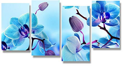 Quadri L&C ITALIA Orchidea Blu 1 - Quadro Moderno con Fiori per Soggiorno Camera da Letto Ufficio 152 x 78 cm Stampa su Tela da Parete 4 Pezzi Grandi