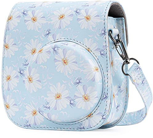 Frankmate Housse pour Fujifilm Instax Mini 11/9/8/8 + Appareil Photo Instantané - Sac de Caméra en Cuir Voyage Caméra Cover Case Sac avec bandoulière Amovible (Flowers Light Blue)