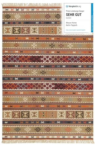Kelim Teppich aus Bester Wolle, nachhaltig, handgewebt, Naturfaser Teppiche geeignet für Wohnzimmer, Schlafzimmer, Flur, Esprit Home - Agra (130 x 190 cm, Sand Braun Bunt)