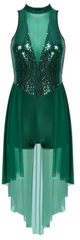 Agoky Damen Ballettkleid ärmellos Ballett Trikot Sport Body Rückenfrei Tanzkleid Kostüm mit Pailletten Top Asymmetrischer Tüll Rock gr. S-XXL Grün E M
