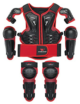 WOSAWE Kinder Dirt Bike Brustschutz Skaten Knie Ellenbogen Schoner Jugend ATV Wirbelsäule Schutzausrüstung Kit Rot