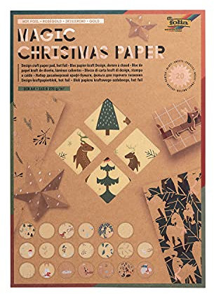 folia 49898 - Magic Christmas Paper, Kraftpapier-Block mit 20 Blatt, 115 und 270 g/qm, DIN A4, Bastel-Papier mit weihnachtlichem Motiv-Druck und Hotfoil-Veredelung