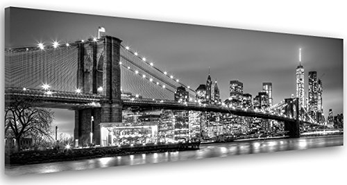 Feeby Vlies Leinwandbild New York City Bei Nacht NYC USA 90x30 cm Druckbild Wandbild Wanddekoration Deko Wand Aesthetic Brooklyn-Brücke Manhattan schwarz-weiß