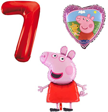 Ballonset Peppa Wutz Pig 3 er Set Peppa Folienballon, Zahl 7 in rot, Peppa mit Teddy Herz