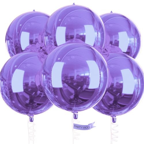 PartyWoo Purple Foil Balloons, 6 pcs Pearl 22 inch Giant 4D and Ribbon, Large Mylar Decor, Purple-9464, Round