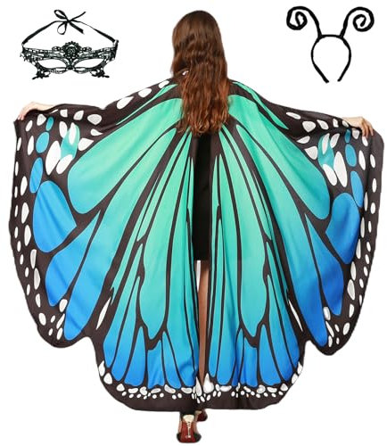 Schmetterling Kostüm Damen Flügel Schmetterlingsflügel Erwachsene Mädchen Faschingskostüme Damen Umhang Verkleidung Schmetterlings Kostüm Zubehör 3 Set mit Gesichtsmaske Fühler Schmetterling Haarreif