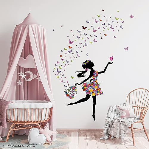 Tanlaby Blumen Fee Wandtattoo Schmetterling Mädchen Wandsticker Blume Vogelkäfig Wandaufkleber für Mädchen Babyzimmer Wohnzimmer Schlafzimmer Kinderzimmer Hause Wanddekoration