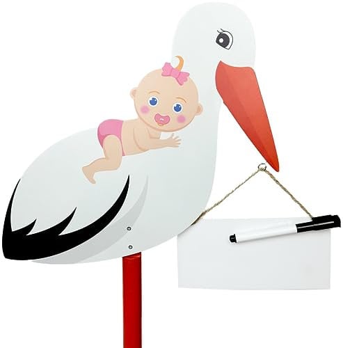 SERRA FÉ Storch Geburt für Draussen | Großer niedliche Holz Klapperstorch für Baby Mädchen Geschenk | 107 cm hoch Babystorch, beidseitig bedruckt | mit Whiteboard und abwischbarem Stift