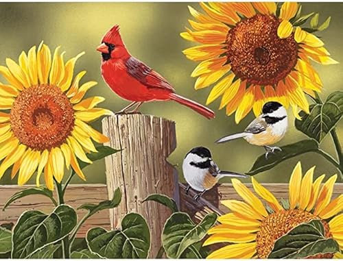 Bits and Pieces – 100 Piece Jigsaw Puzzle for Adults – Sunflower & Songbirds - Cardinals Jigsaw Puzzle by William Vanderdasson, Completed Puzzle Size: 15 x 19