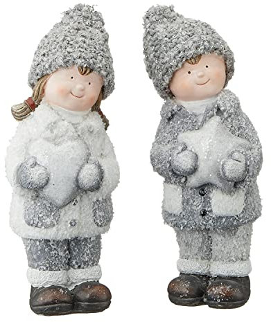Cepewa Winterkinder Junge Mädchen Frostlook | Terracotta Polyester H21cm | Kinderpaar mit Herz Stern Winter - und Weihnachtsdeko (1 x Winterkinder 21cm)