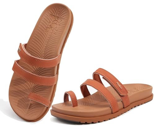 KuaiLu Womens Slides Sandals With Arch Support Comfort Plantar Fasciitis Yoga Mat Cushion Sandals Fashion Summer Beach Walking Adjustable Ladies Flat Orthopedic Slip On Sandles Tan Size 6
