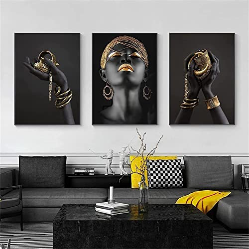 3er set Modern Leinwand Bilder Gold Schwarz Lippen Leinwandbilder Frau Afrikanische Wohnzimmer Fashion Frau Schlafzimmer Dekorieren (60x90cm*3)
